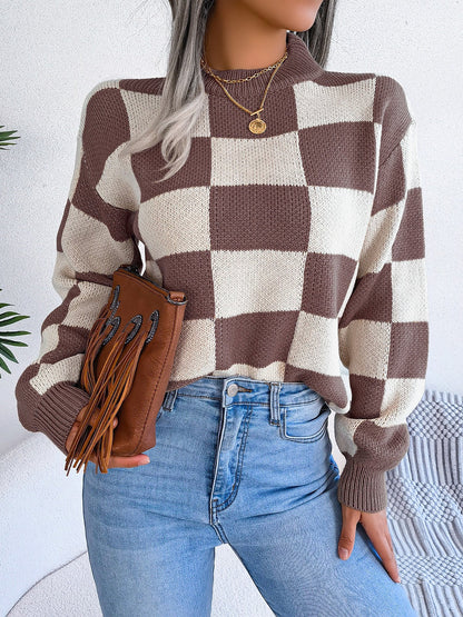 Colorblocked Checkered Long Sleeve Pullover Knit Sweater