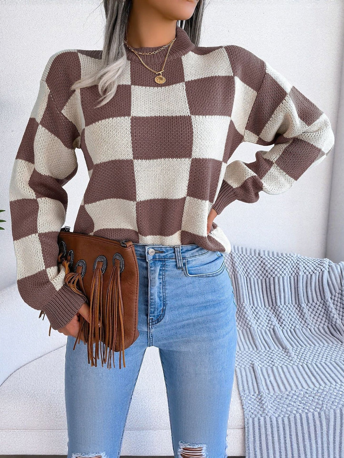 Colorblocked Checkered Long Sleeve Pullover Knit Sweater