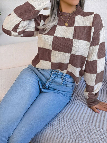 Colorblocked Checkered Long Sleeve Pullover Knit Sweater