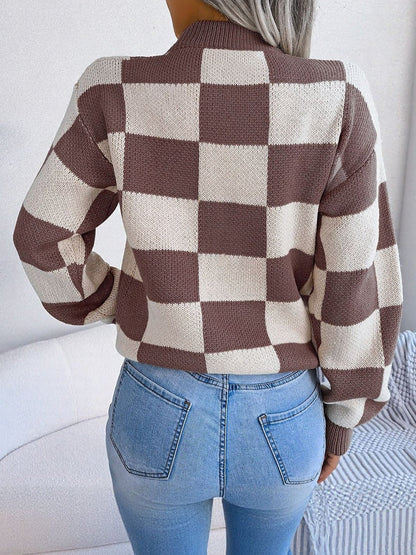 Colorblocked Checkered Long Sleeve Pullover Knit Sweater