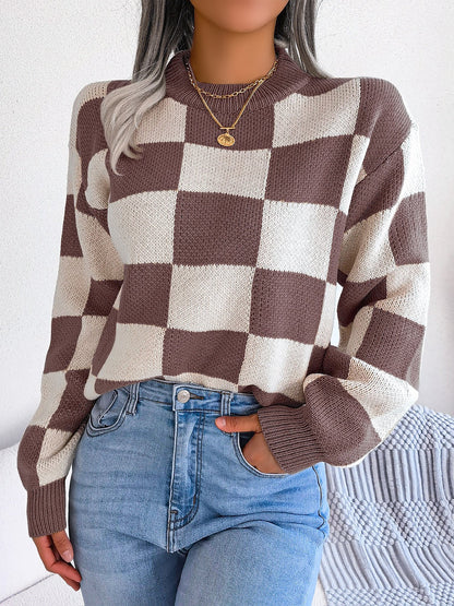 Colorblocked Checkered Long Sleeve Pullover Knit Sweater