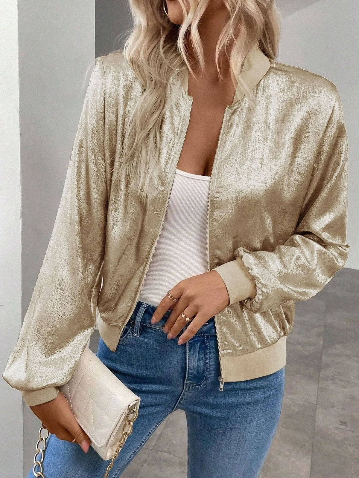 Solid Color Zipper Casual Bomber Jacket