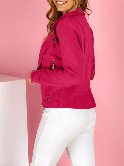 Notched Lapel Zip-Up Long Sleeves Faux Suede Jacket