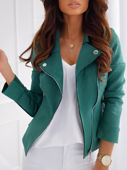 Notched Lapel Zip-Up Long Sleeves Faux Suede Jacket