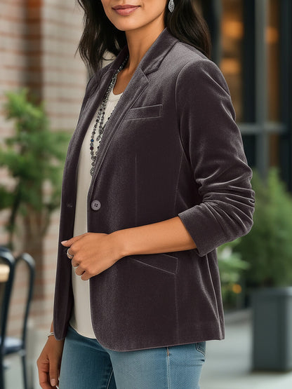 Velvet Solid Color Button Down Long Sleeves Blazer