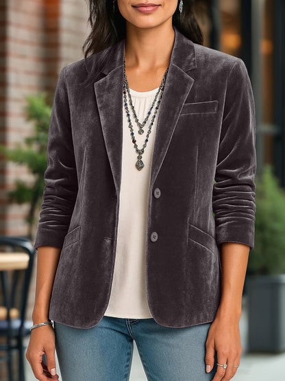 Velvet Solid Color Button Down Long Sleeves Blazer