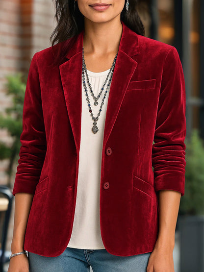 Velvet Solid Color Button Down Long Sleeves Blazer