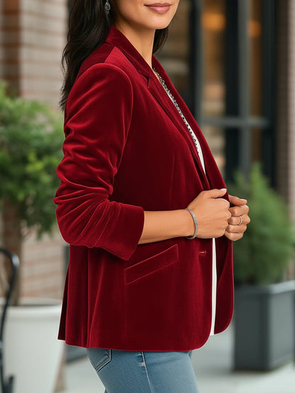 Velvet Solid Color Button Down Long Sleeves Blazer