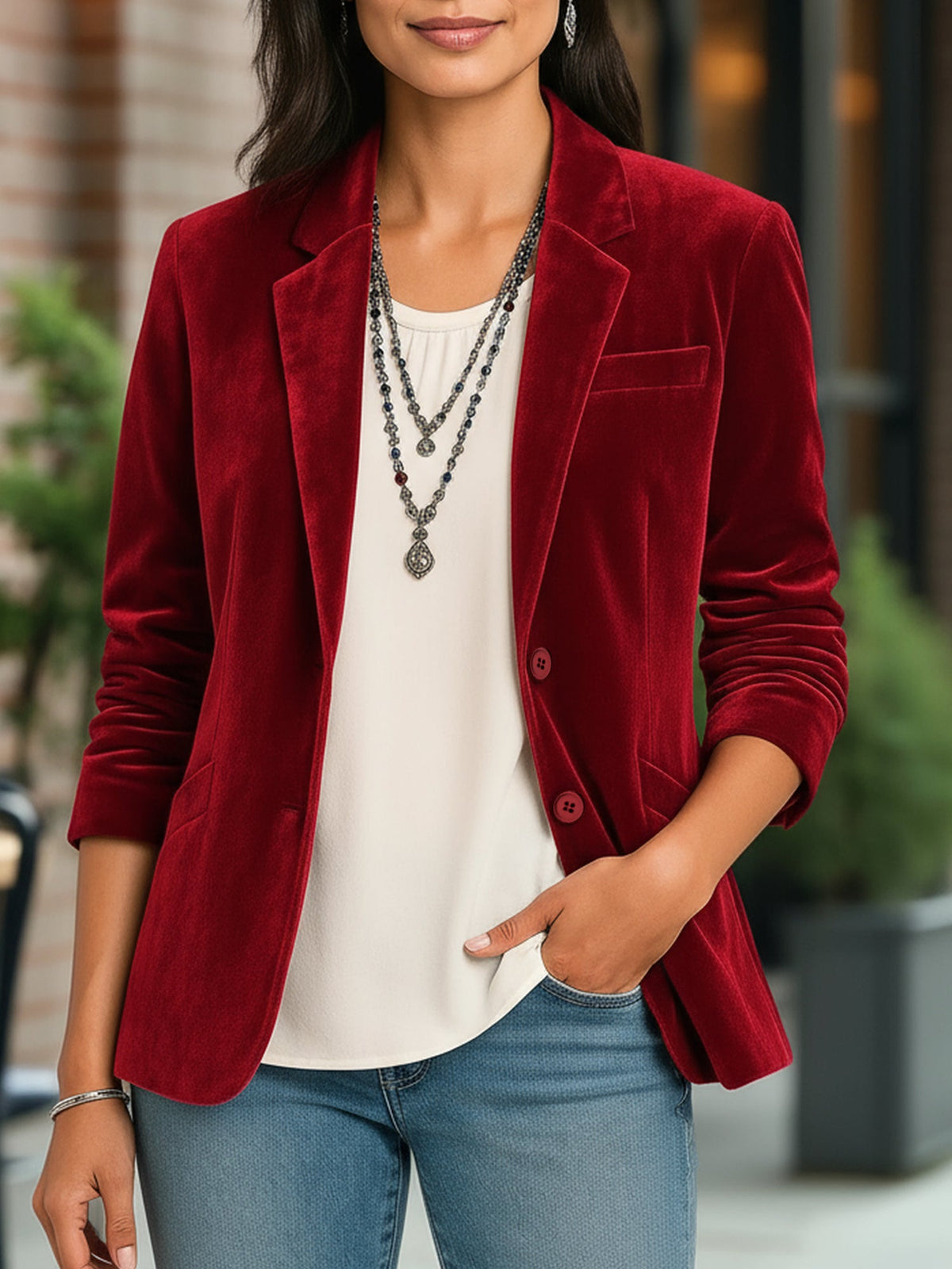 Velvet Solid Color Button Down Long Sleeves Blazer