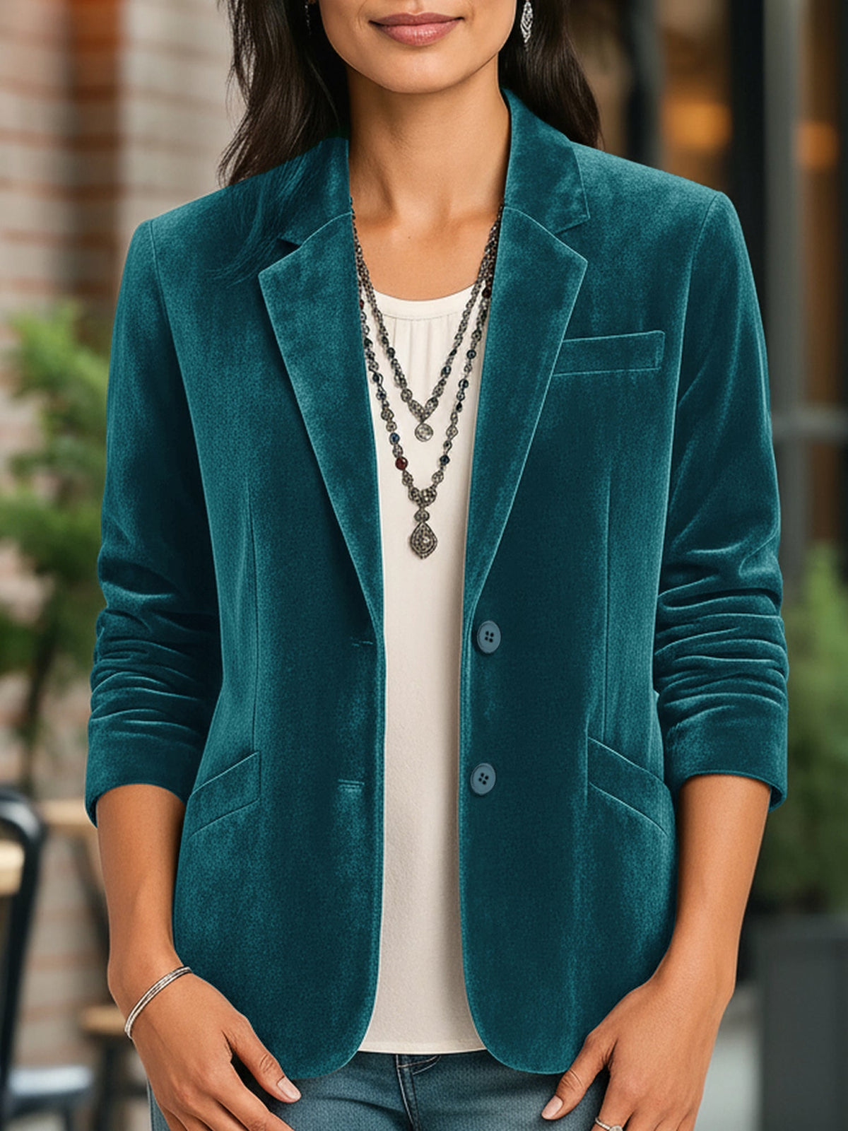 Velvet Solid Color Button Down Long Sleeves Blazer