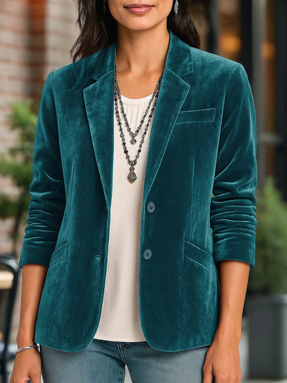 Velvet Solid Color Button Down Long Sleeves Blazer