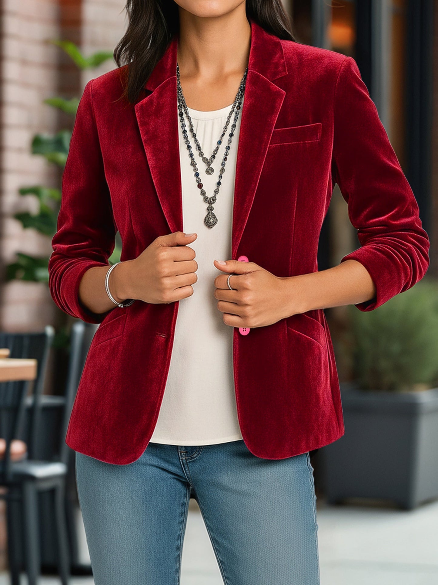 Velvet Solid Color Button Down Long Sleeves Blazer