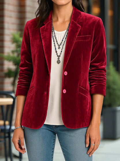 Velvet Solid Color Button Down Long Sleeves Blazer