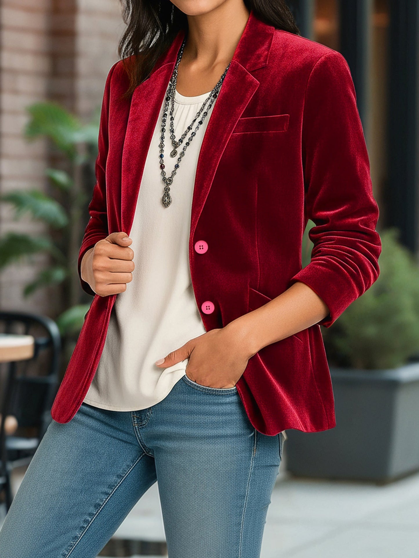 Velvet Solid Color Button Down Long Sleeves Blazer