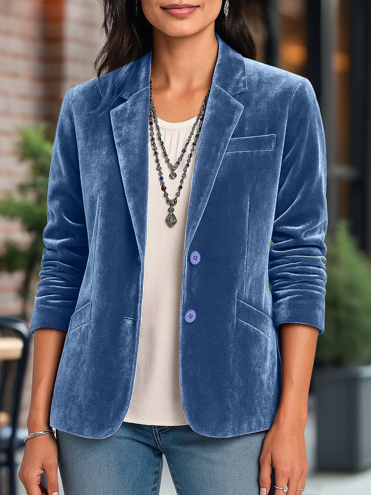 Velvet Solid Color Button Down Long Sleeves Blazer