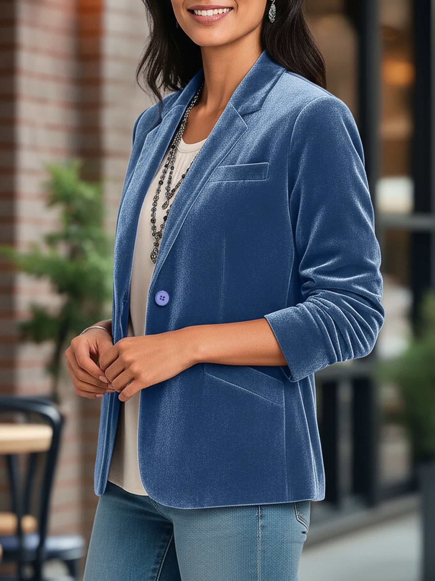 Velvet Solid Color Button Down Long Sleeves Blazer