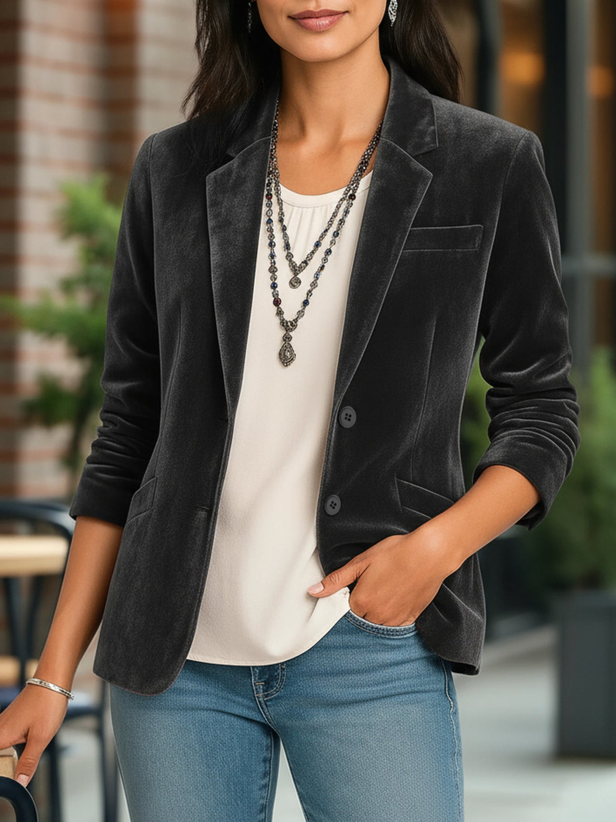 Velvet Solid Color Button Down Long Sleeves Blazer