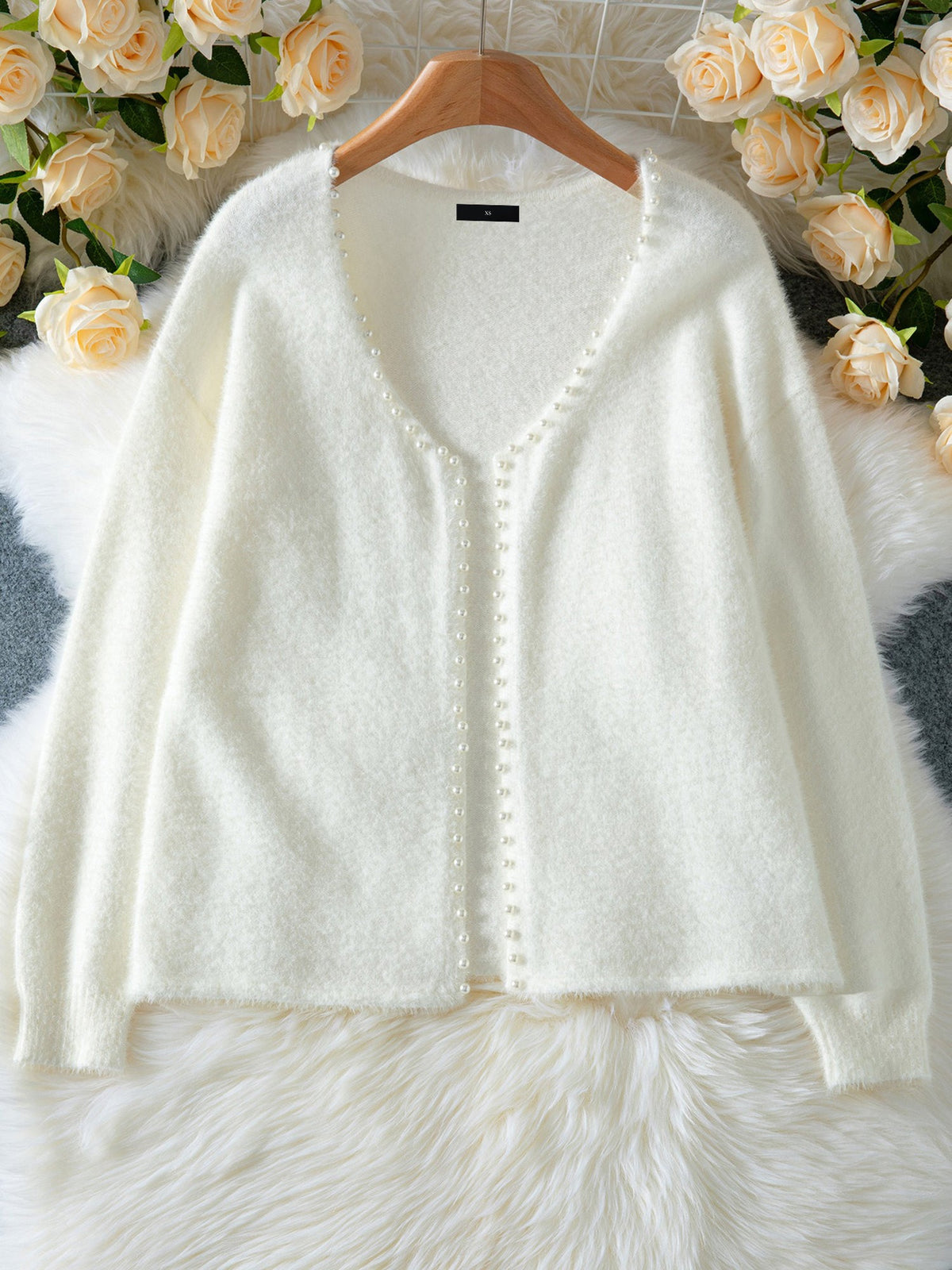 Solid Color Faux Pearl Decor Long Sleeves Cardigan