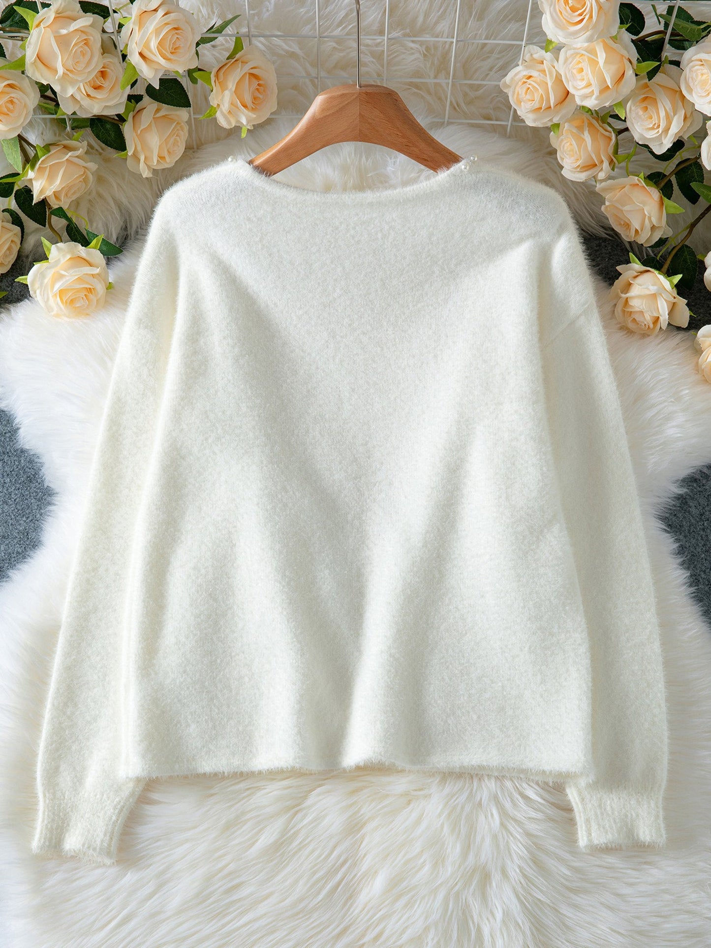 Solid Color Faux Pearl Decor Long Sleeves Cardigan