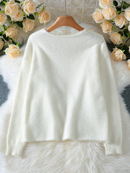 Solid Color Faux Pearl Decor Long Sleeves Cardigan