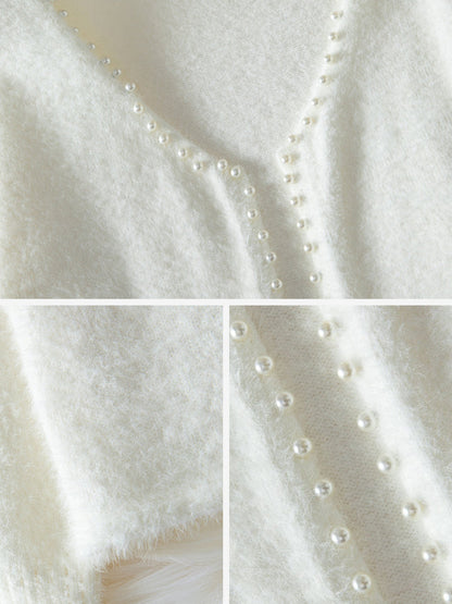 Solid Color Faux Pearl Decor Long Sleeves Cardigan