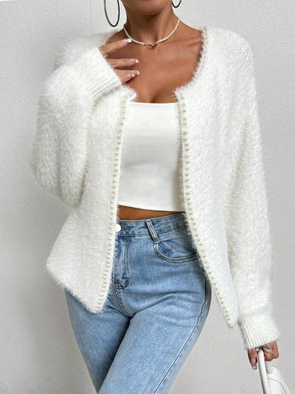 Solid Color Faux Pearl Decor Long Sleeves Cardigan