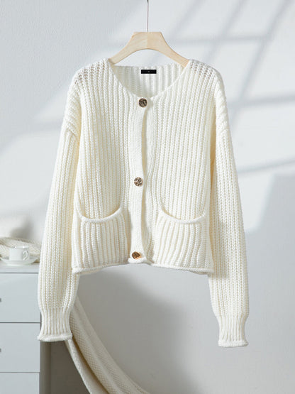Solid Color Button Front Pockets Casual Knit Cardigan