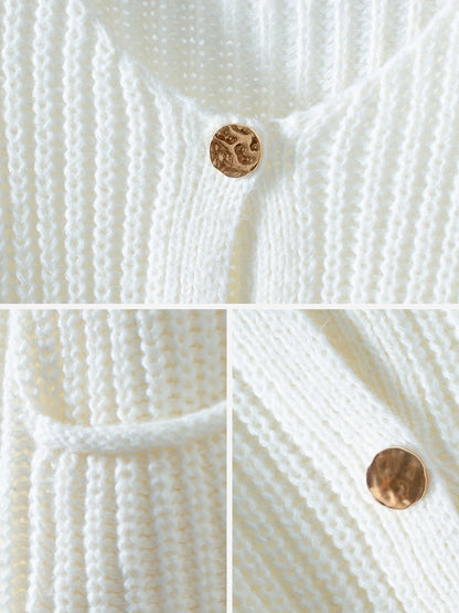 Solid Color Button Front Pockets Casual Knit Cardigan