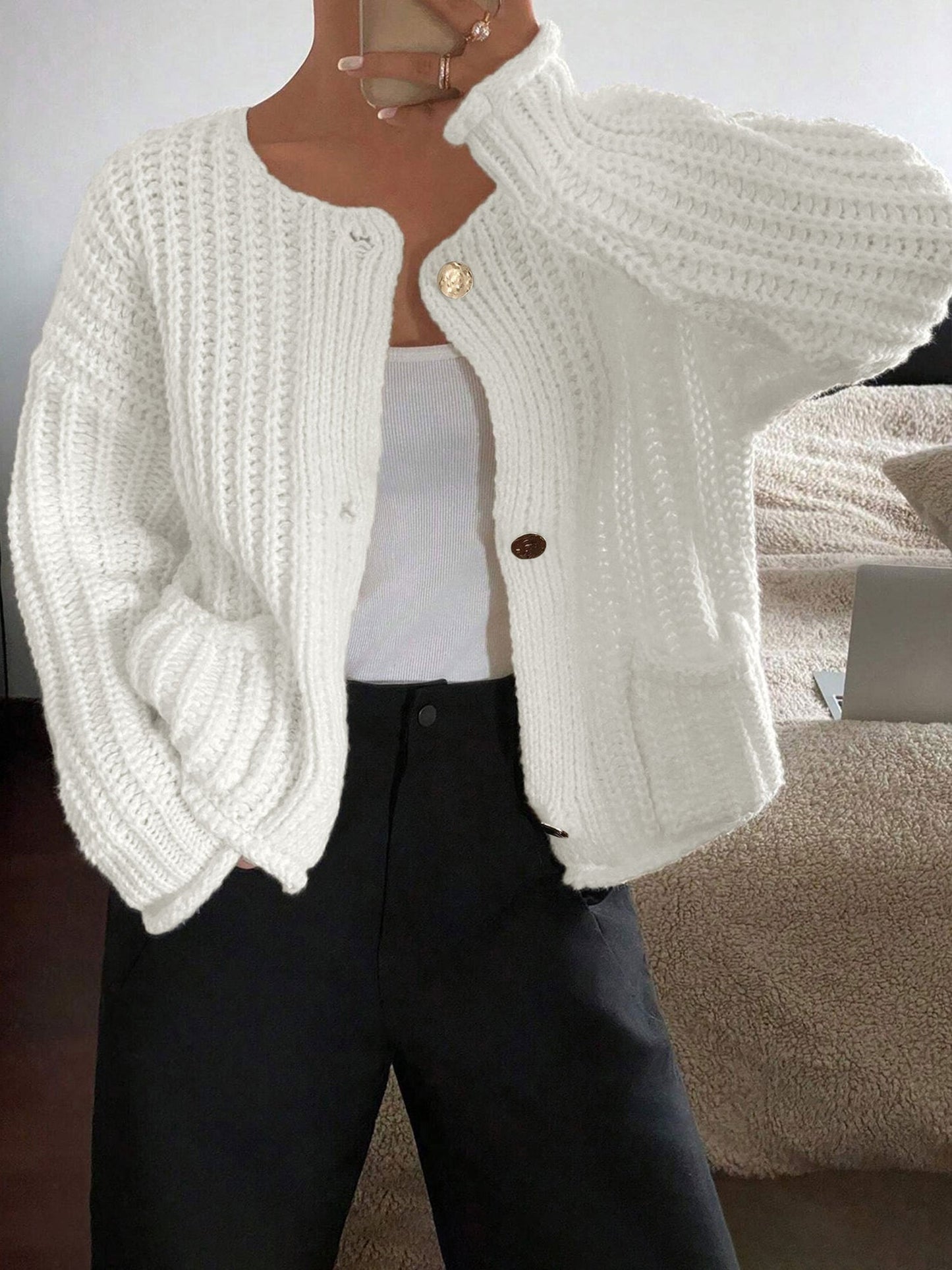 Solid Color Button Front Pockets Casual Knit Cardigan