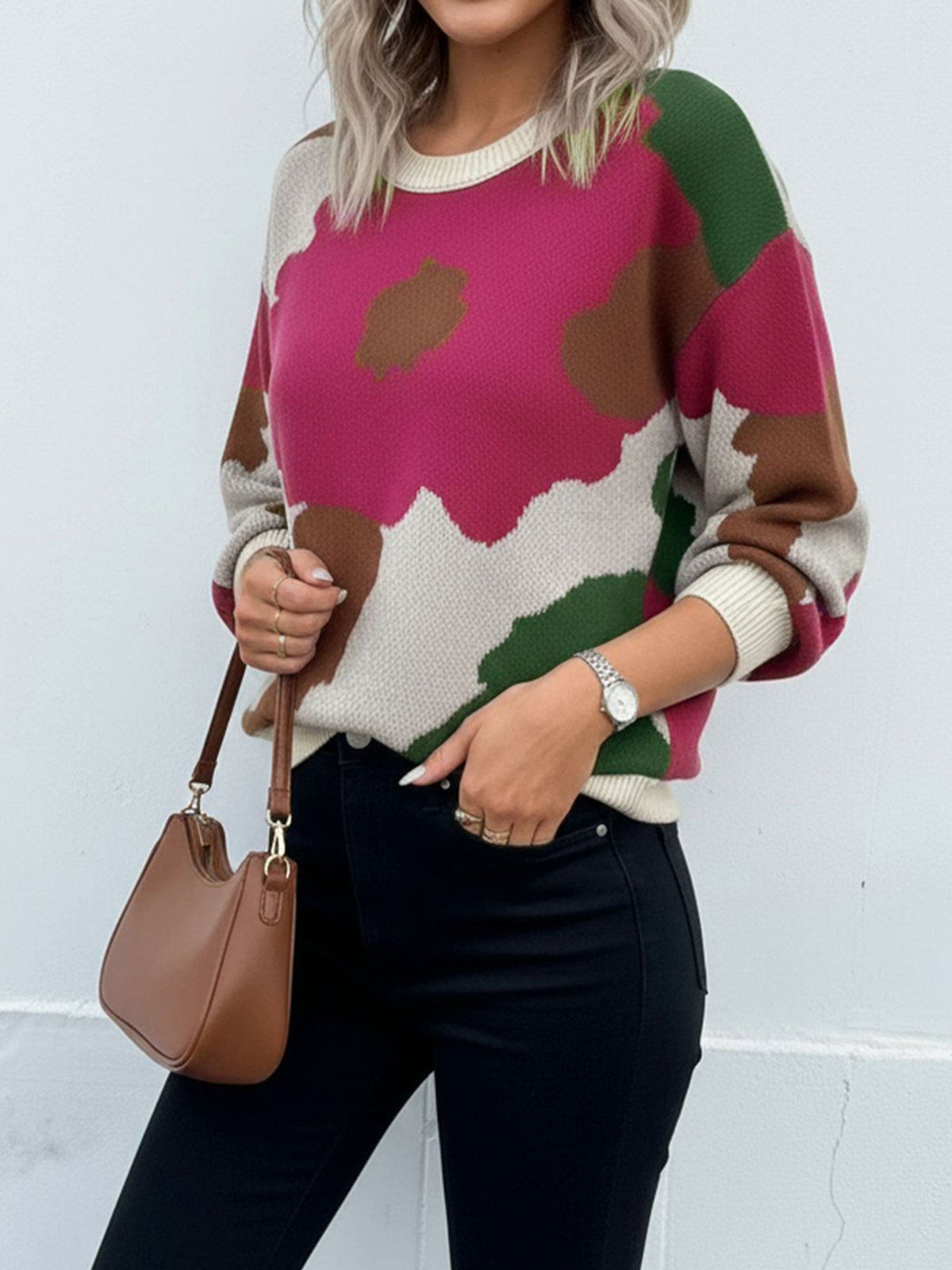 Crew Neck Long Sleeve Knit Pullover Sweater