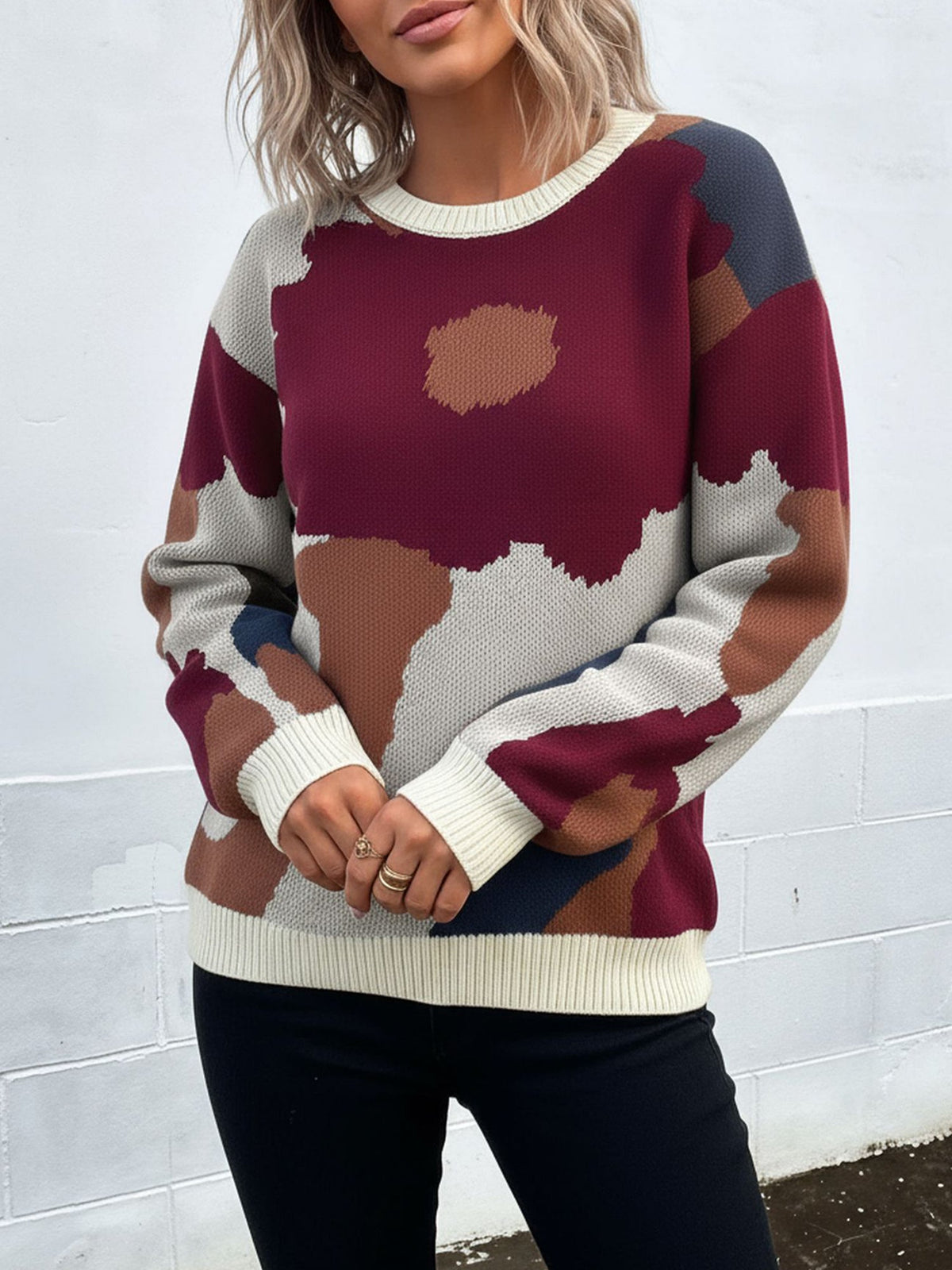 Crew Neck Long Sleeve Knit Pullover Sweater