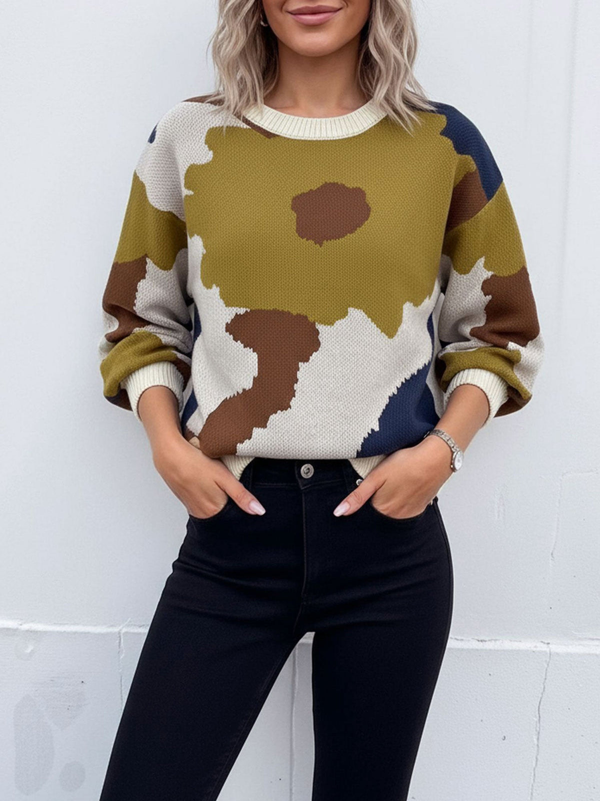 Crew Neck Long Sleeve Knit Pullover Sweater