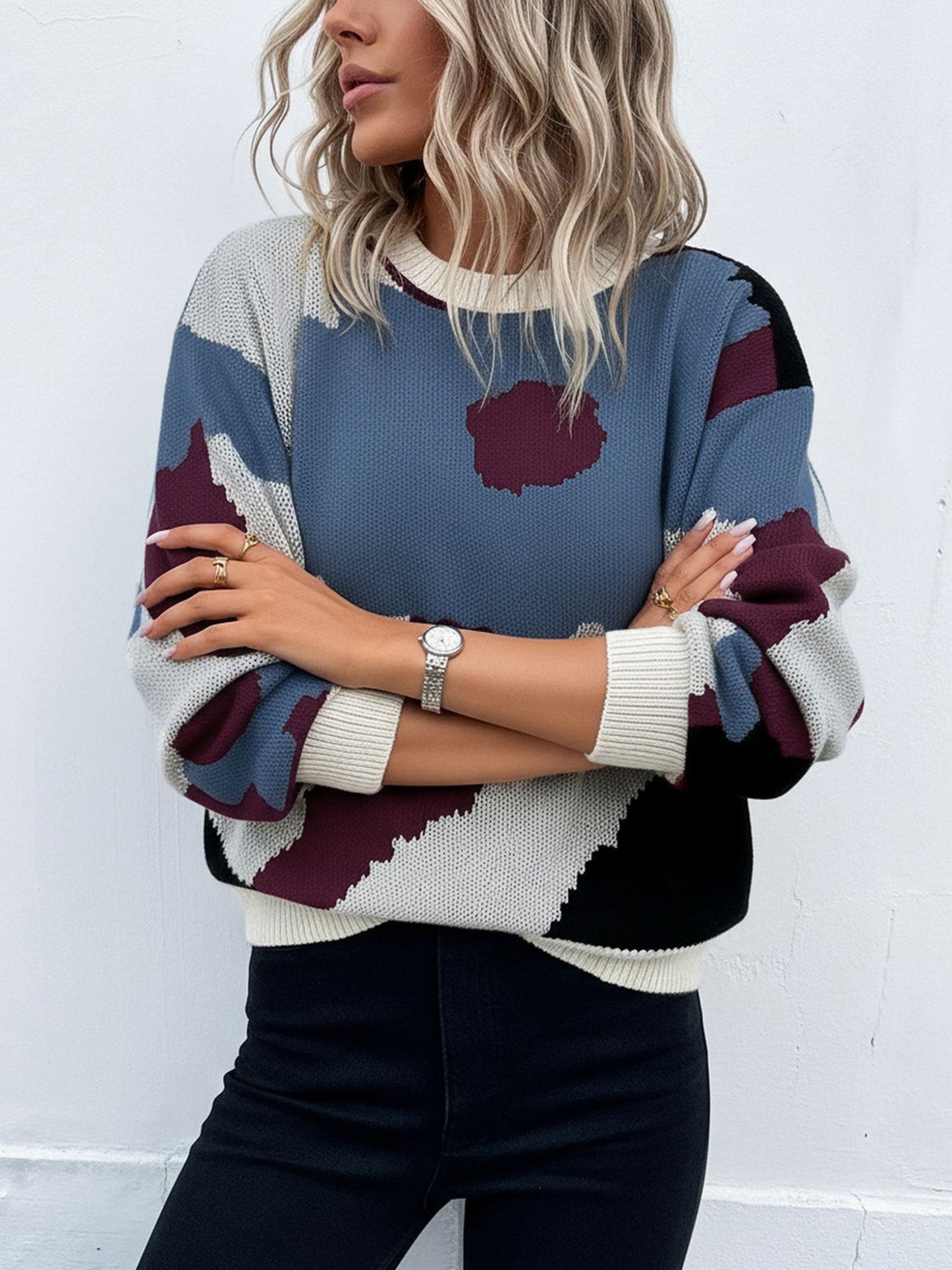 Crew Neck Long Sleeve Knit Pullover Sweater