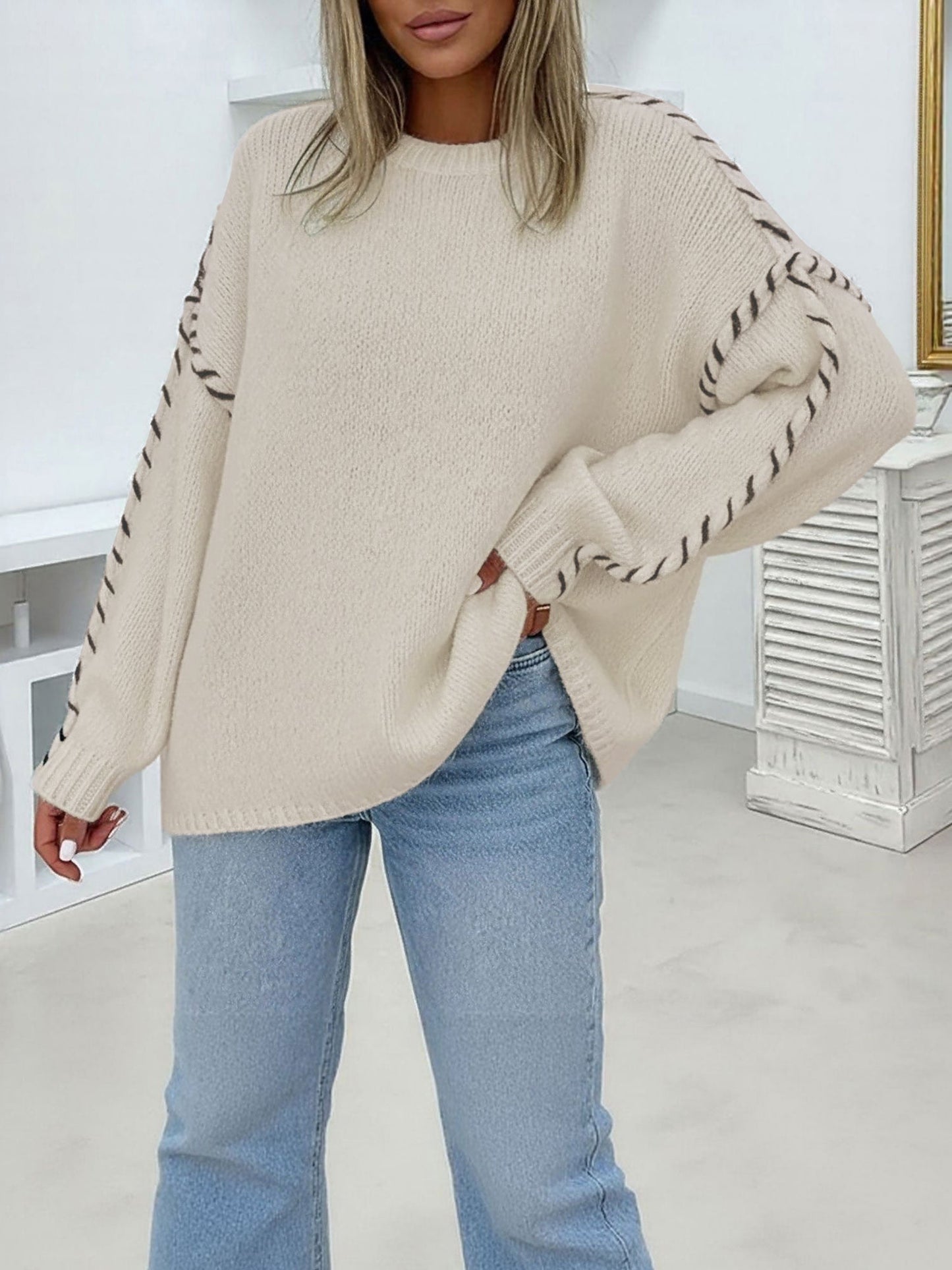 Colorblock Pullover Crew Neck Long Sleeve Knit Sweater