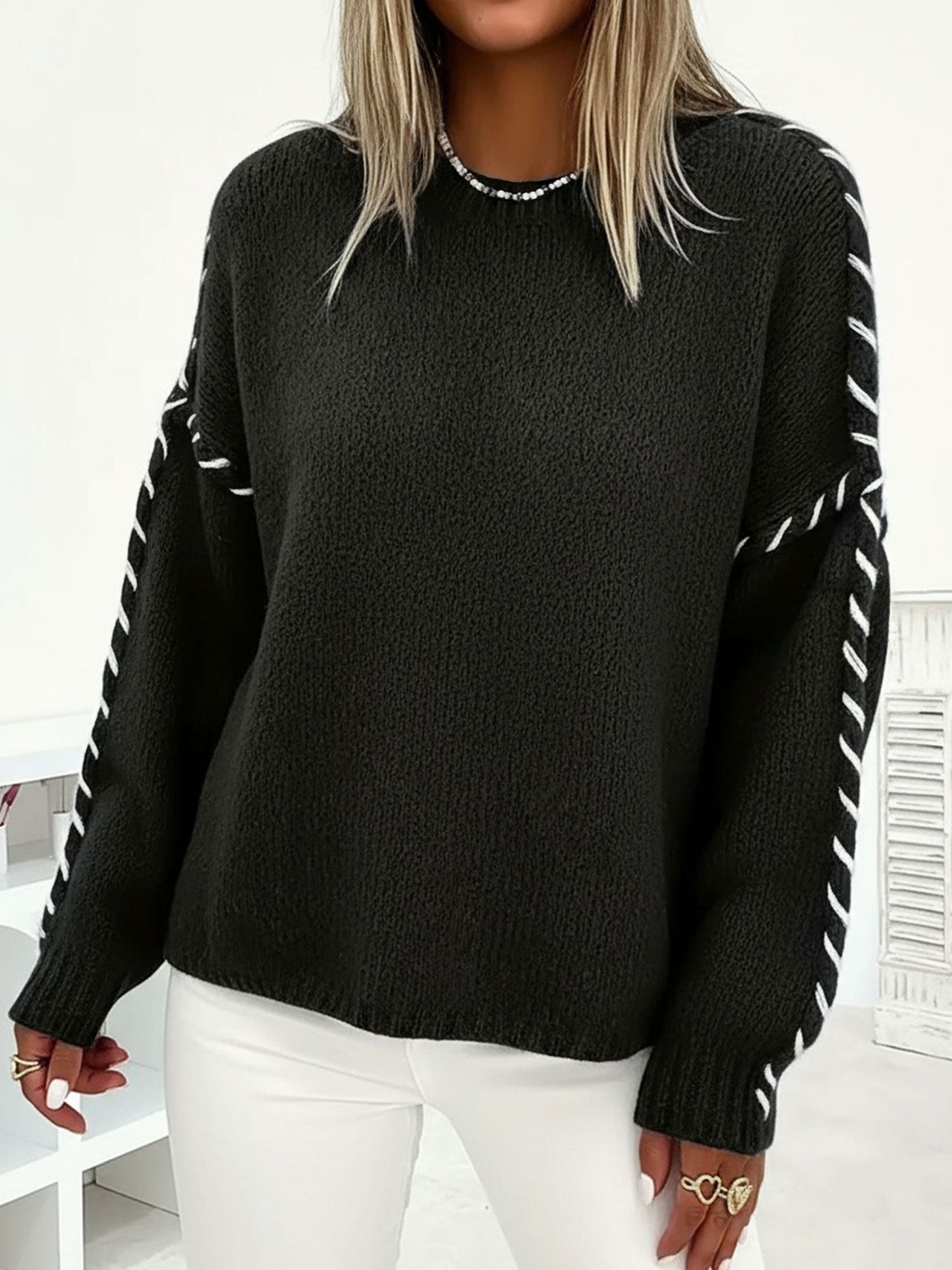 Colorblock Pullover Crew Neck Long Sleeve Knit Sweater
