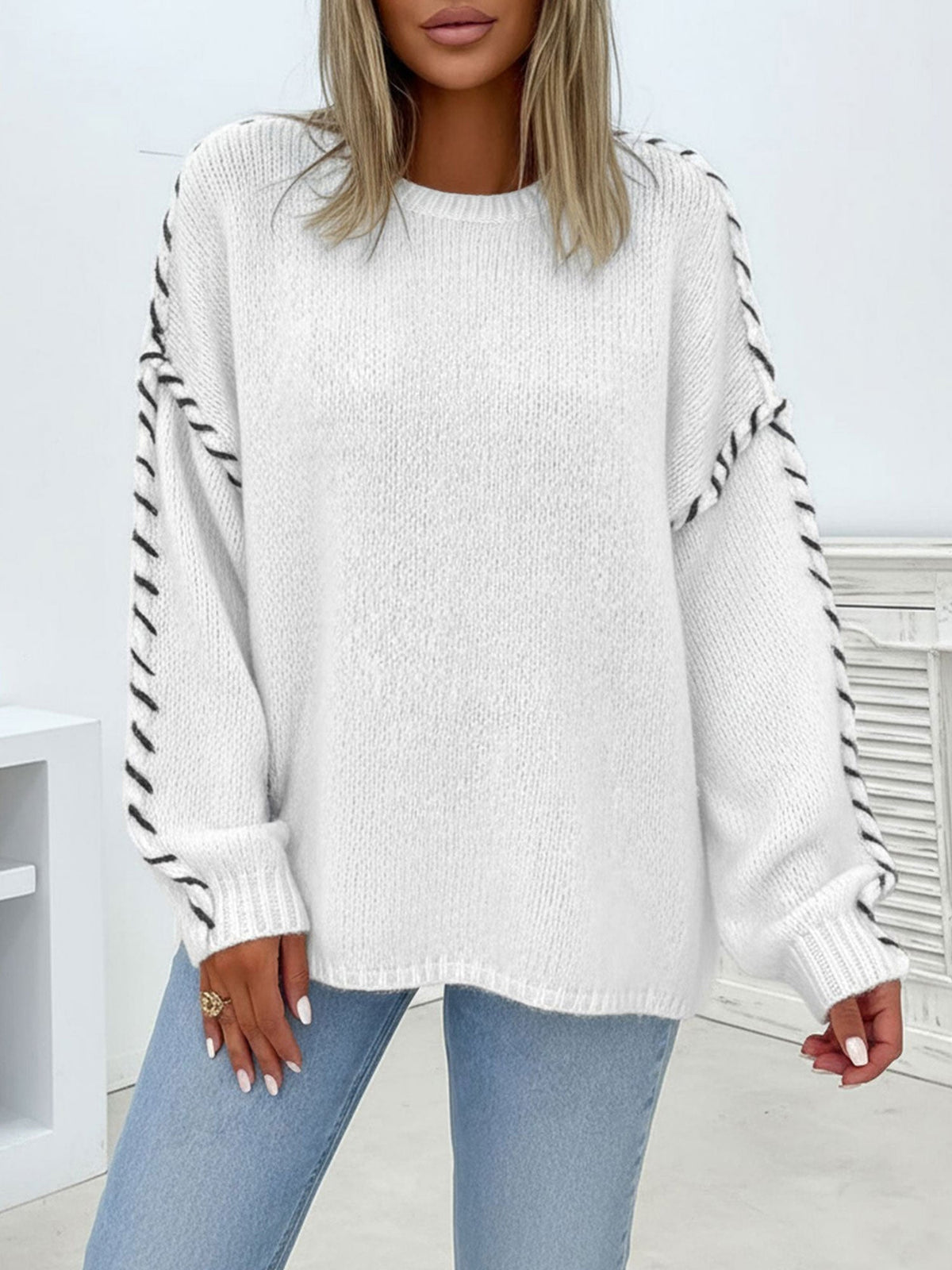 Colorblock Pullover Crew Neck Long Sleeve Knit Sweater