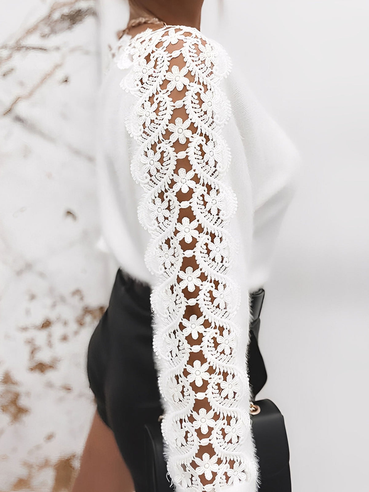 Lace-Panel Sleeves Solid Color Knitted Sweater