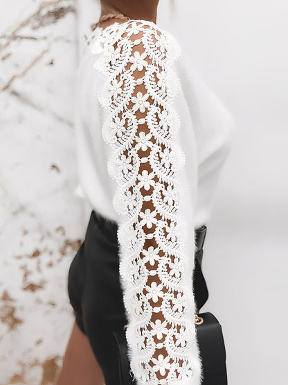 Lace-Panel Sleeves Solid Color Knitted Sweater