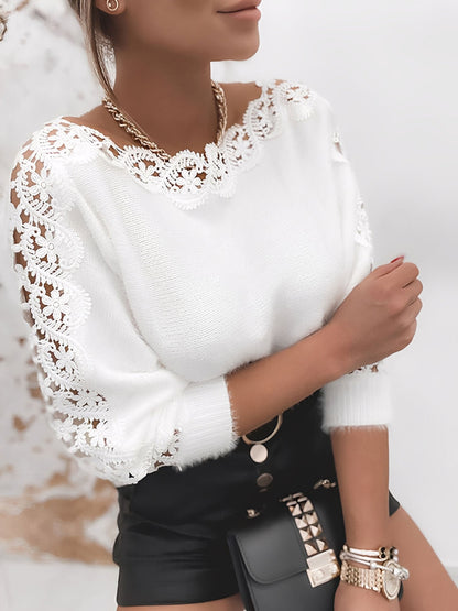 Lace-Panel Sleeves Solid Color Knitted Sweater