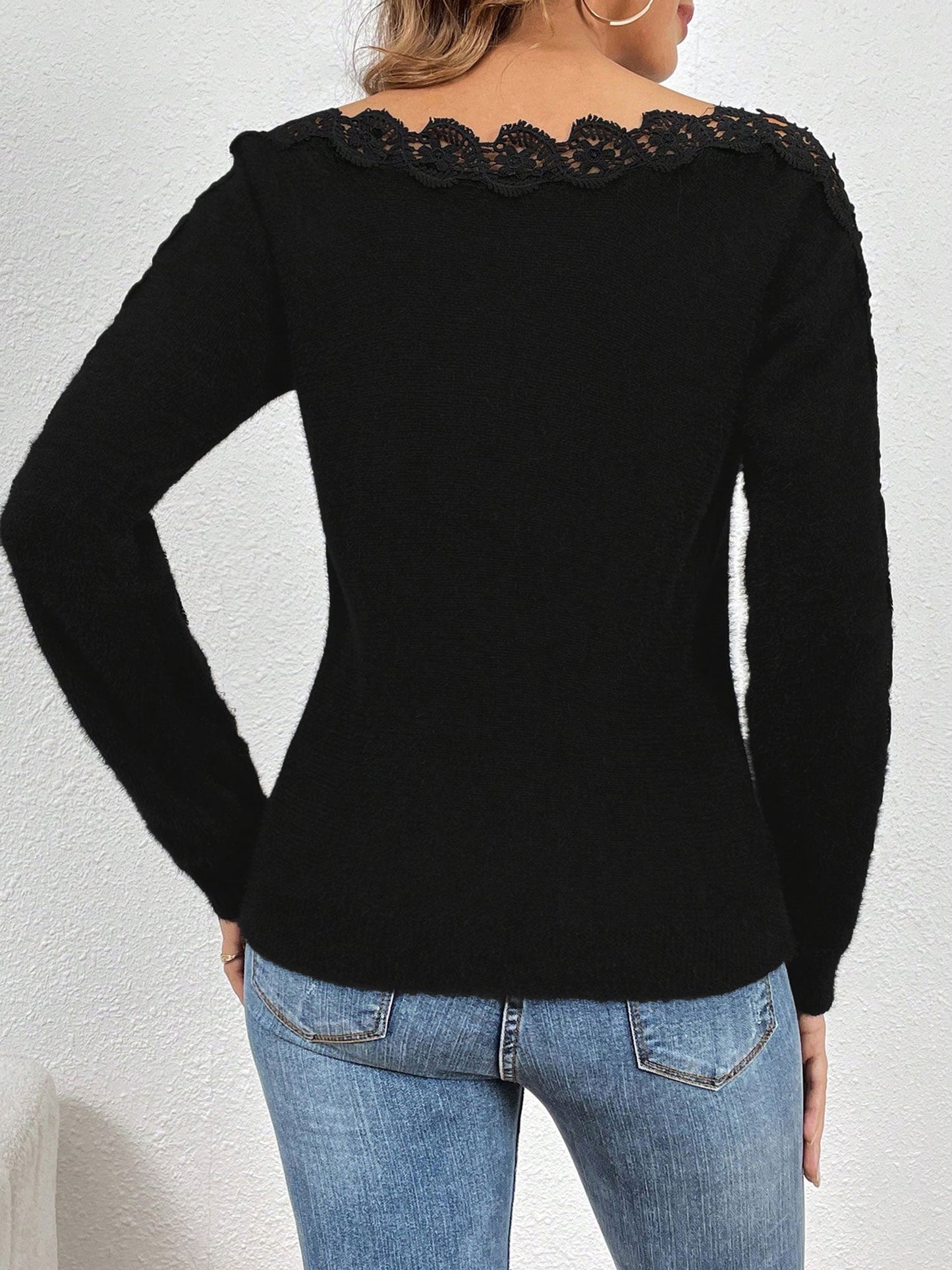 Lace-Panel Sleeves Solid Color Knitted Sweater