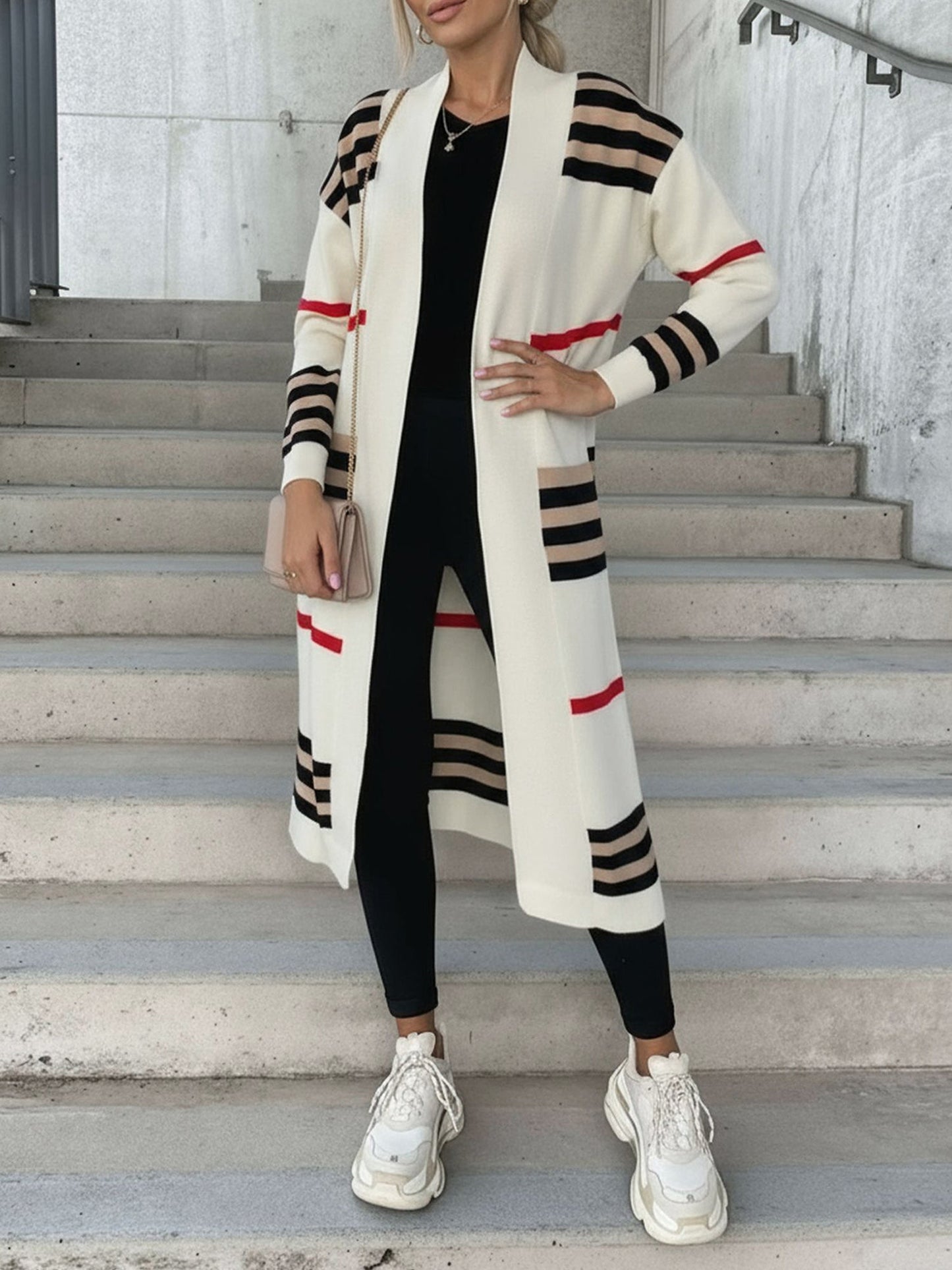 Loose Fit Long Sleeve Striped Knit Cardigan