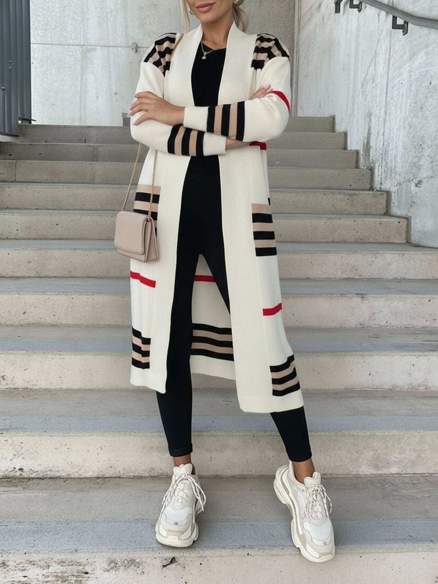 Loose Fit Long Sleeve Striped Knit Cardigan