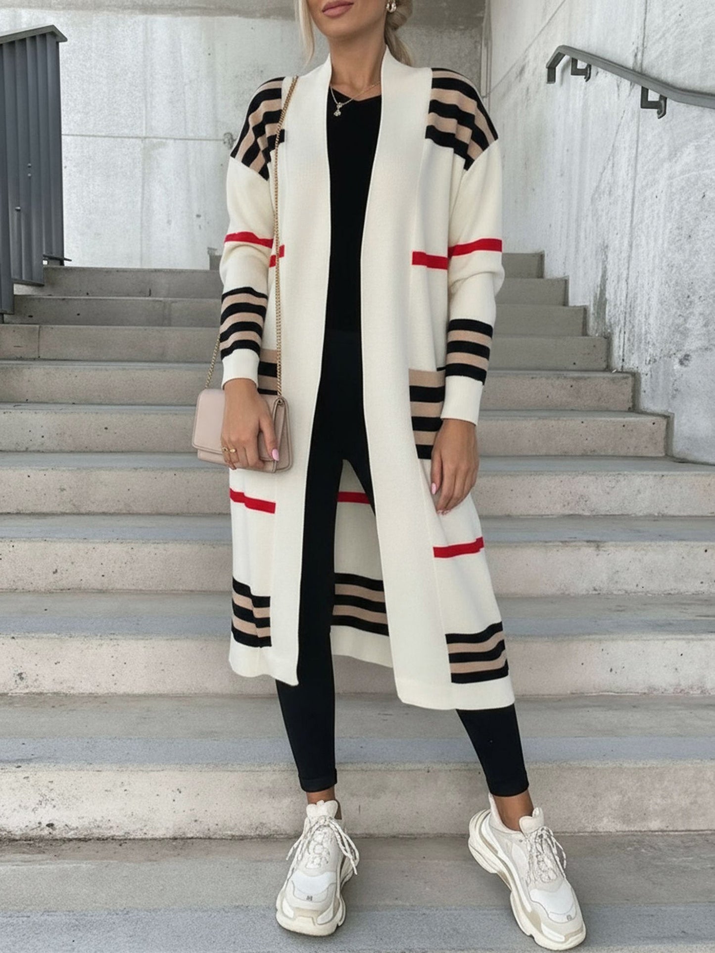 Loose Fit Long Sleeve Striped Knit Cardigan