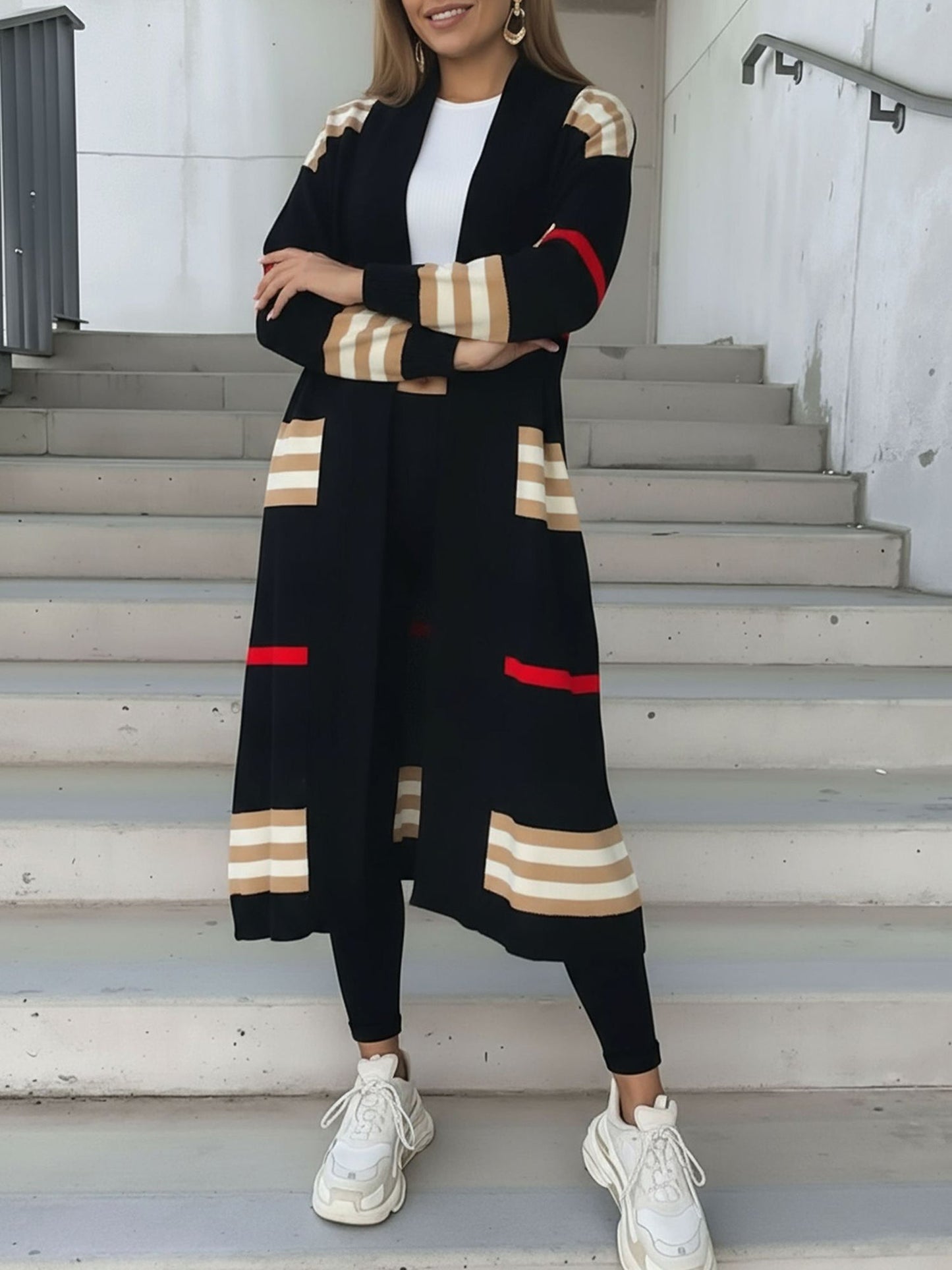 Loose Fit Long Sleeve Striped Knit Cardigan