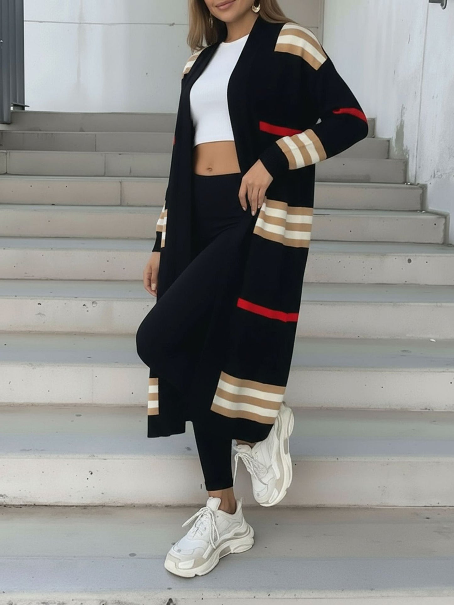 Loose Fit Long Sleeve Striped Knit Cardigan