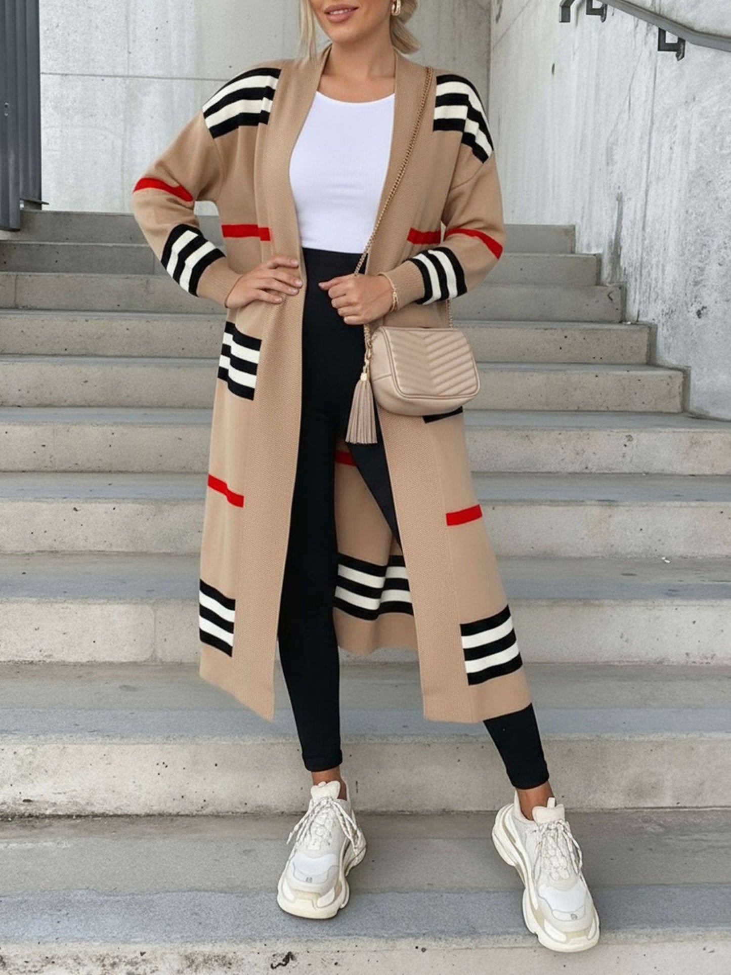 Loose Fit Long Sleeve Striped Knit Cardigan