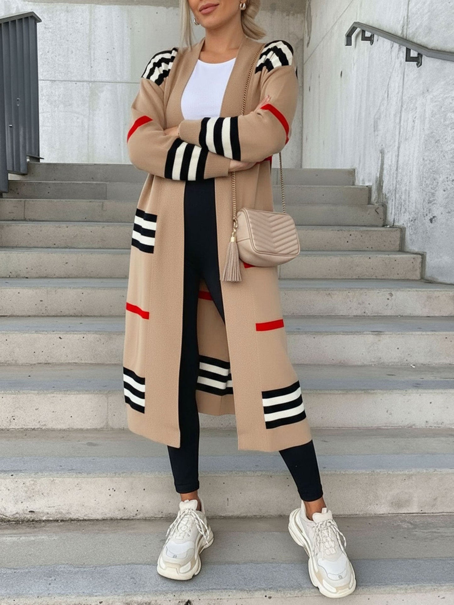 Loose Fit Long Sleeve Striped Knit Cardigan