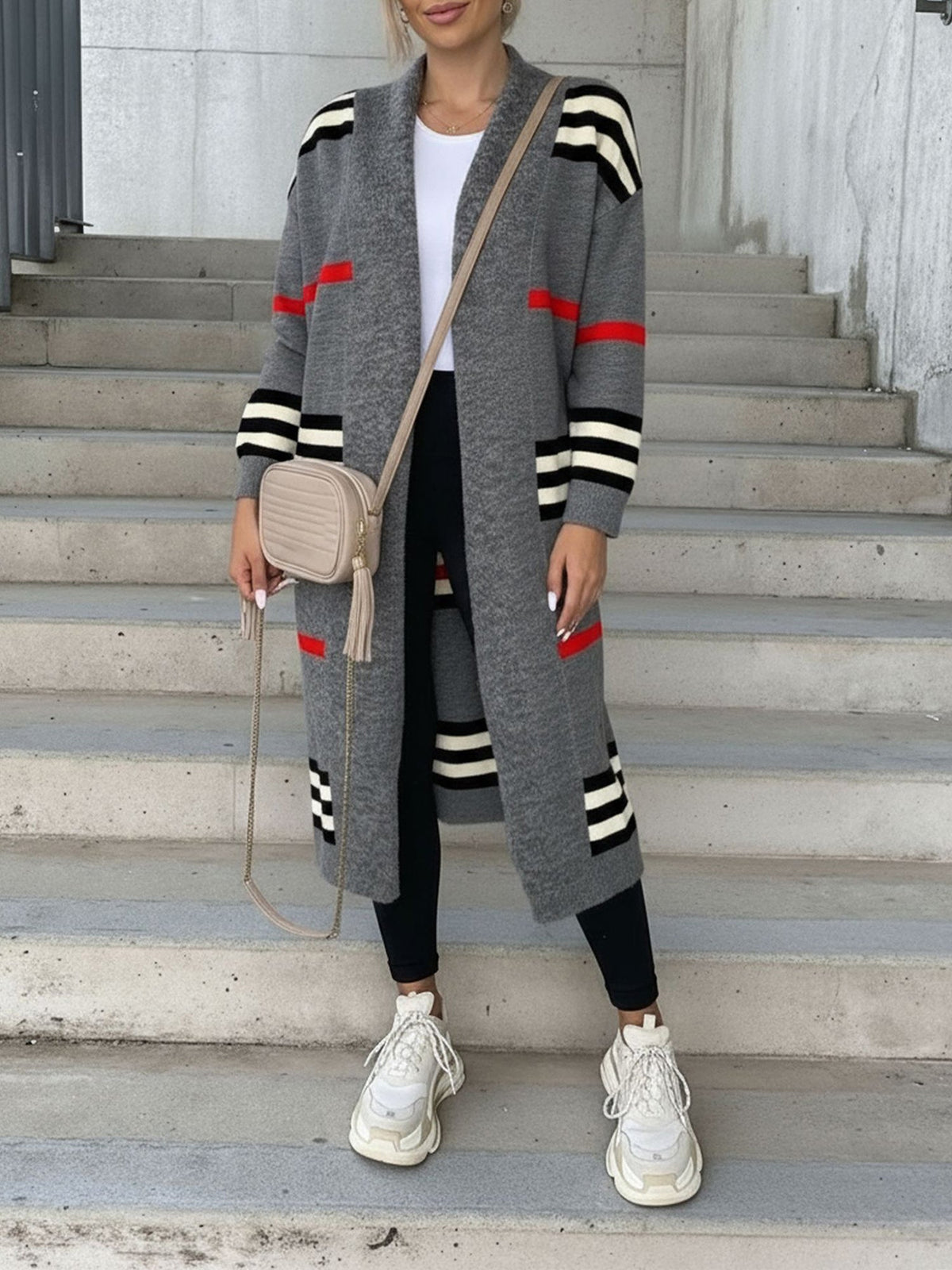 Loose Fit Long Sleeve Striped Knit Cardigan