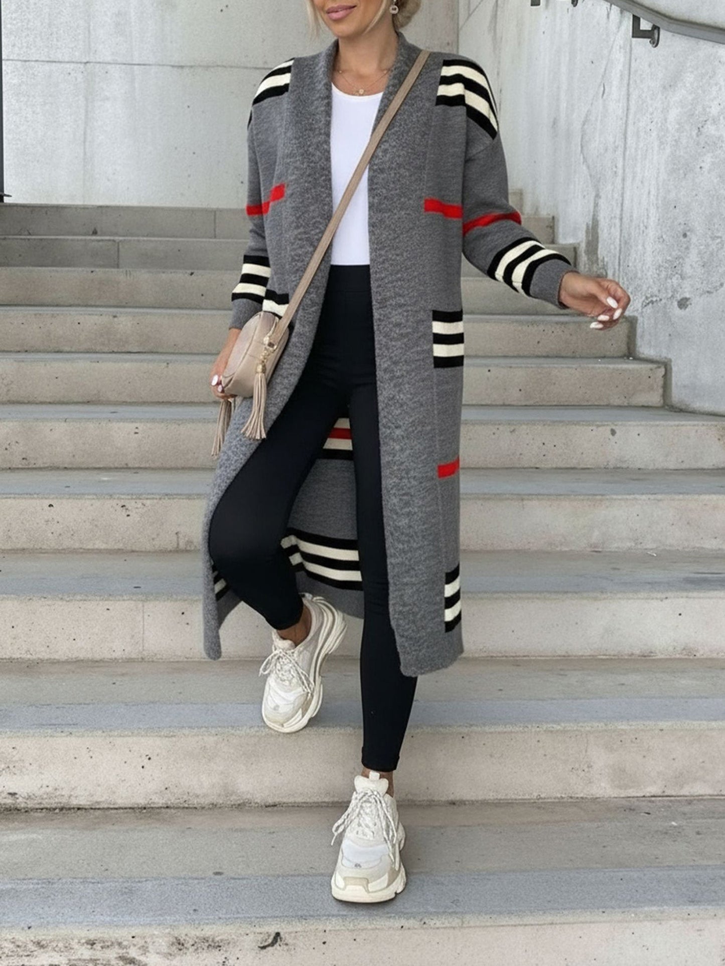 Loose Fit Long Sleeve Striped Knit Cardigan