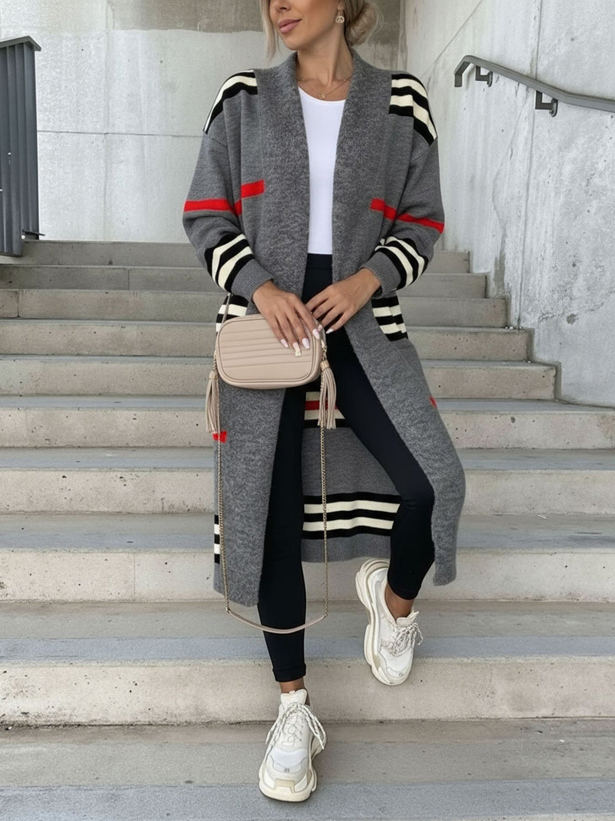 Loose Fit Long Sleeve Striped Knit Cardigan